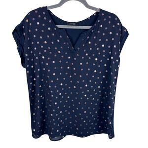 Papermoon Navy Blue Rose Gold Short Sleeve Split Neck Lightweight Blouse Size L